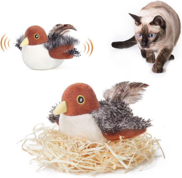 Cat Toy Flapping Bird Sparrow, Realistic Chirping Sound, Touch Activated Kitten Interactive Toy